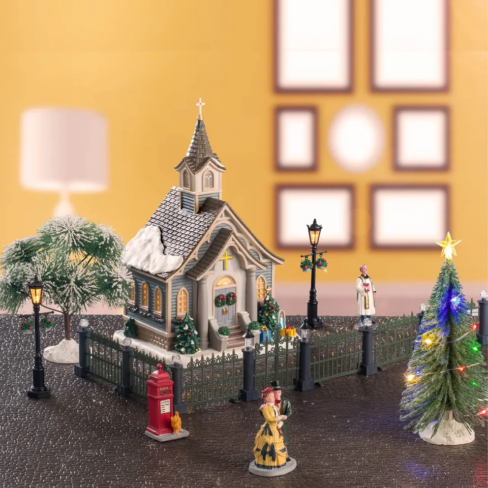 lemax-small-town-church-set-glise-de-caddington-village-neigeuse image 1