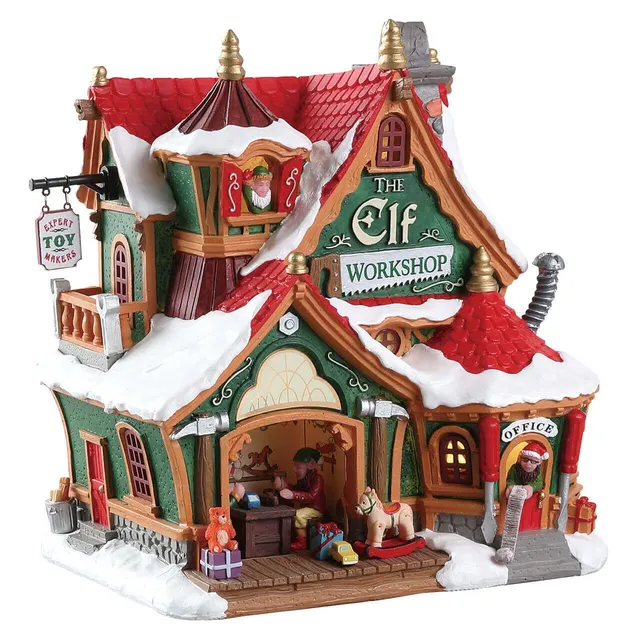 lemax-the-elf-workshop-b-timent-lumineux-atelier-des-elfes-vert-et-rouge image 1