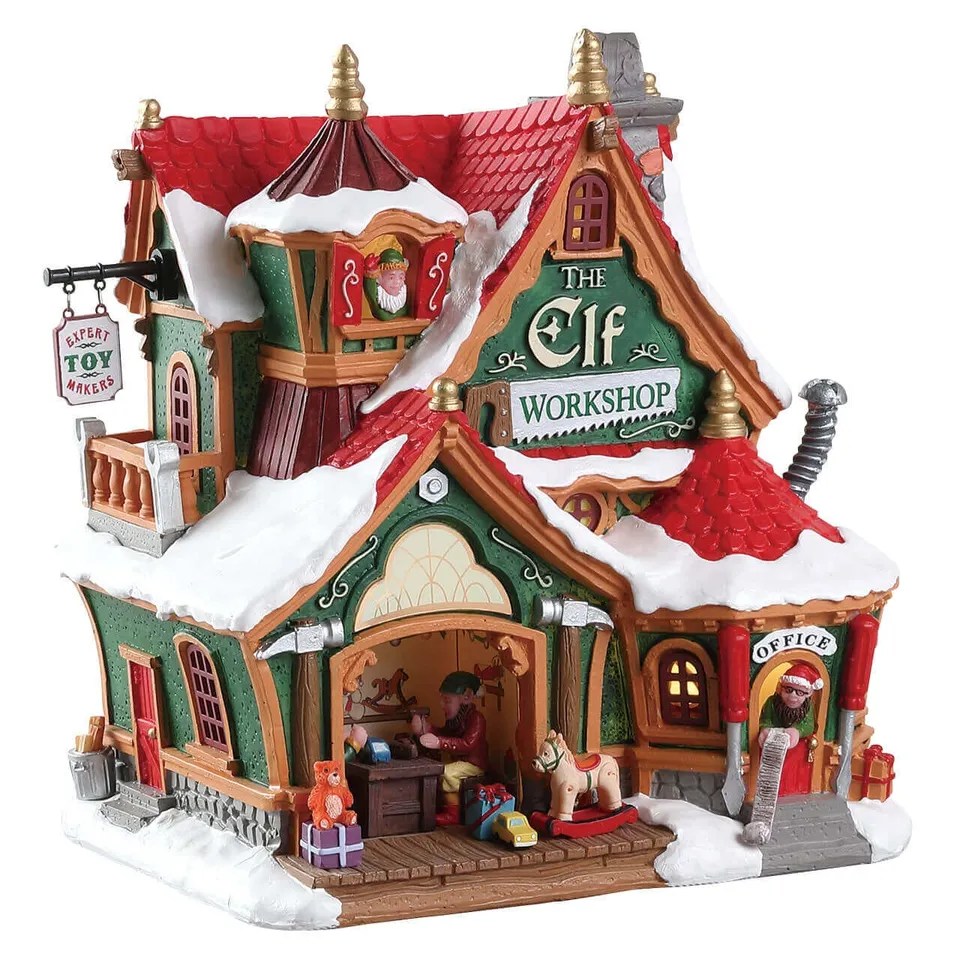 lemax-the-elf-workshop-b-timent-lumineux-atelier-des-elfes-vert-et-rouge image 1