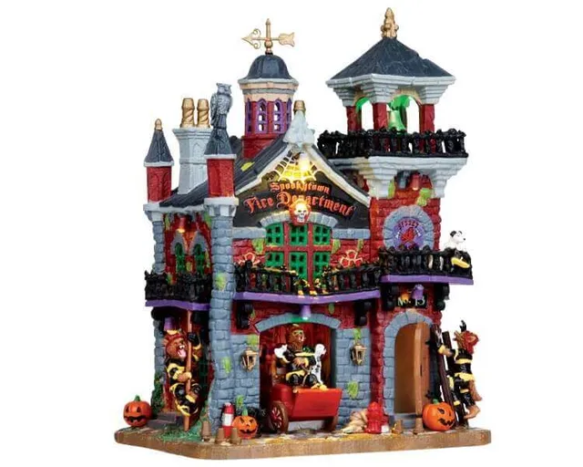 lemax-spookytown-fire-department-caserne-pompiers-hant-e-lumineuse image 1