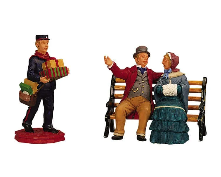 lemax-park-bench-chat-postman-figurines-banc-et-facteur image 1