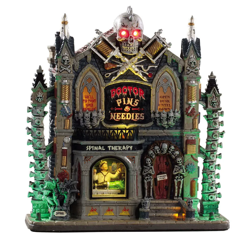 lemax-spooky-town-doctor-pins-needles-b-timent-docteur-fou-lumineux image 1