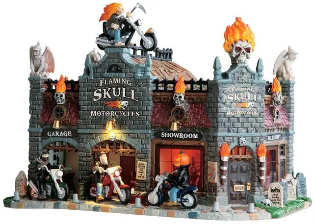 lemax-flaming-skull-motorcycles-motos-cr-nes-spooky-town image 1