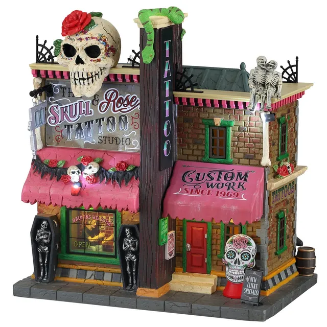 lemax-the-skull-and-rose-tattoo-studio-b-timent-lumineux-spooky-town image 1